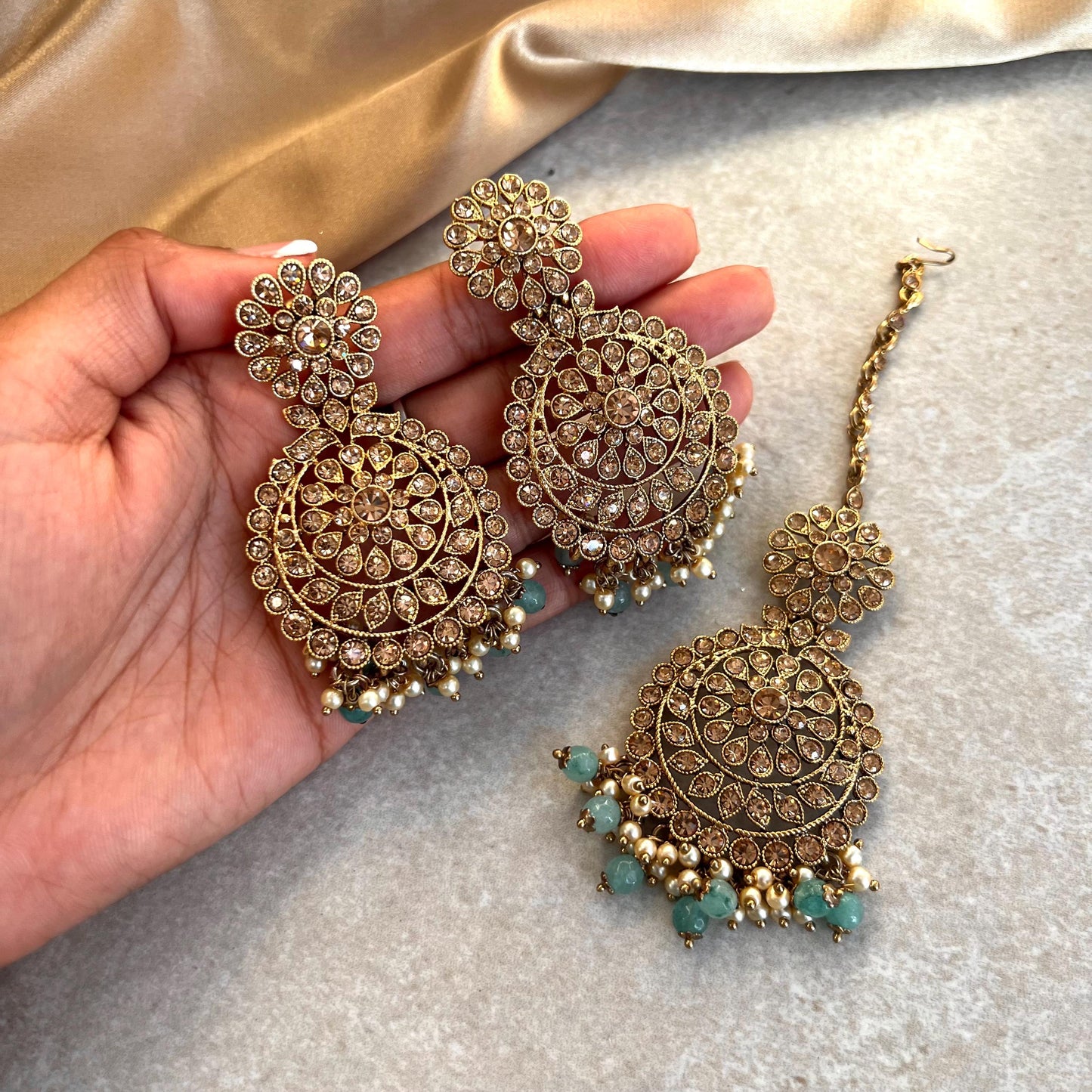 Blue Gold Earring and Tikka only/ Flat Earring Indian/ Pakistani Style/ Gift/ High Quality Lightweight Jewellery/ Desi Fashion/ Sale