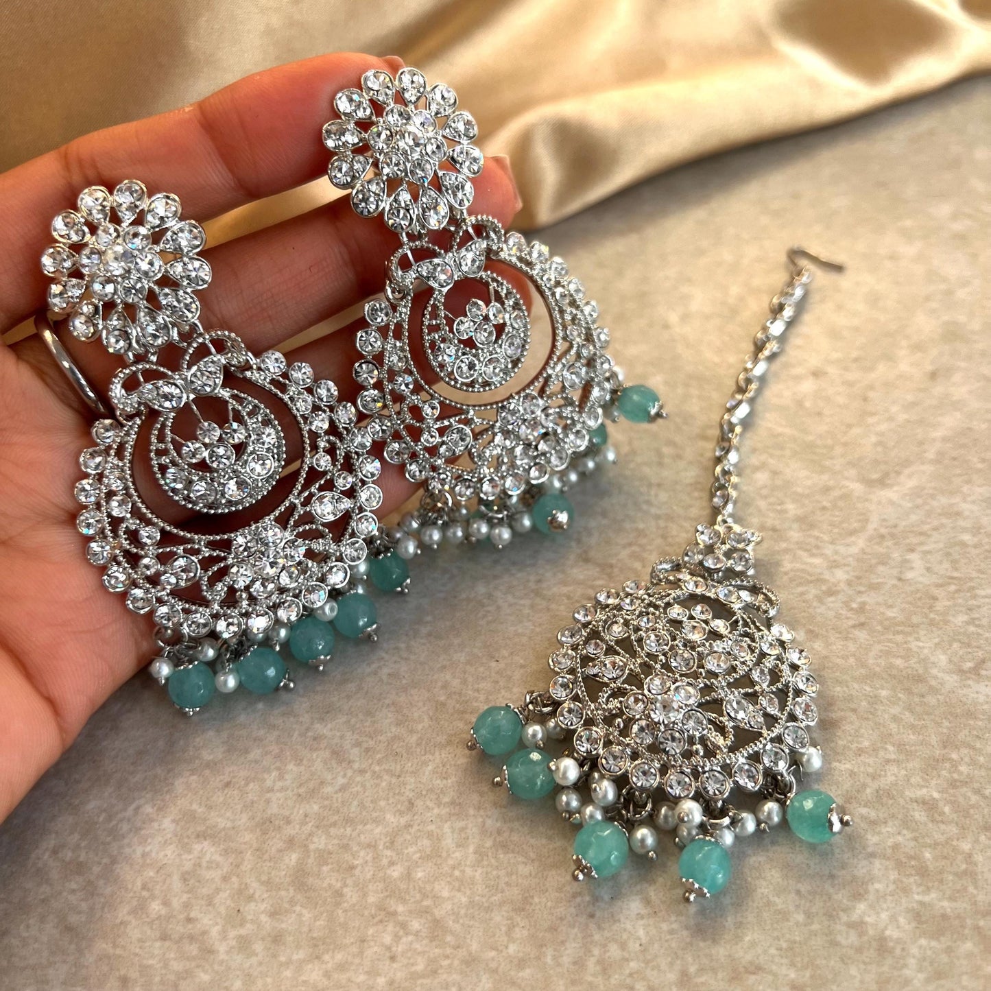 Blue Silver Earring and Tikka only/ Flat Earring Indian/ Pakistani Style/ Gift/ High Quality Lightweight Jewellery/ Desi Fashion/ Sale