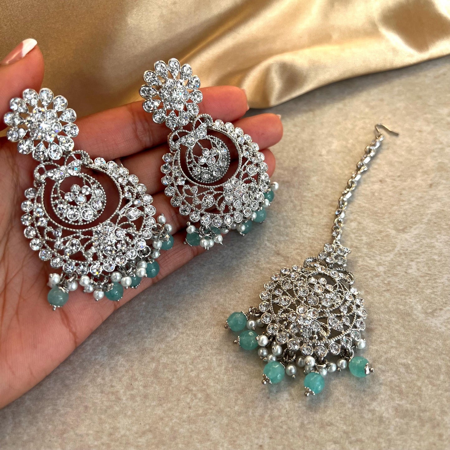 Blue Silver Earring and Tikka only/ Flat Earring Indian/ Pakistani Style/ Gift/ High Quality Lightweight Jewellery/ Desi Fashion/ Sale
