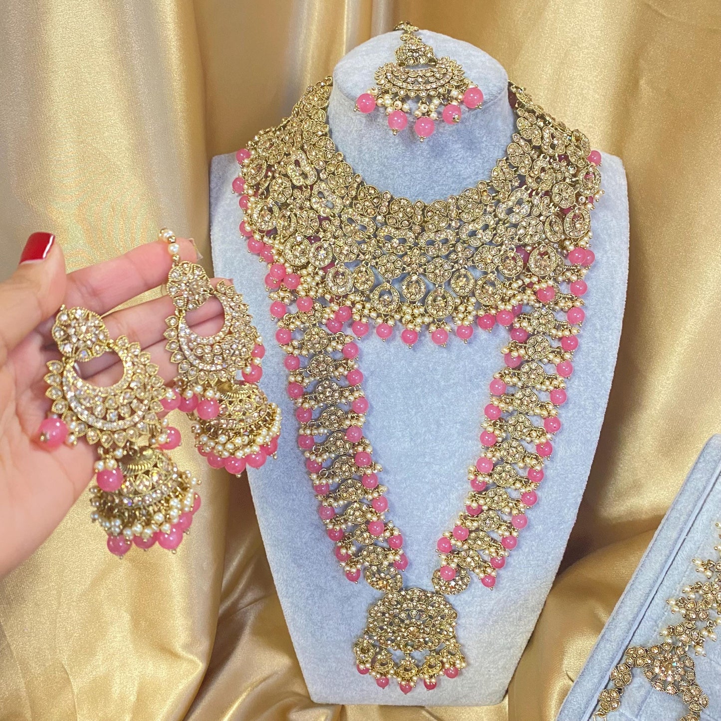 Pink Golden Full 8 Piece Bridal Necklace Set Traditional Indian Pakistani Style Wedding Fashion Jewellery Heavy Necklace set Sale