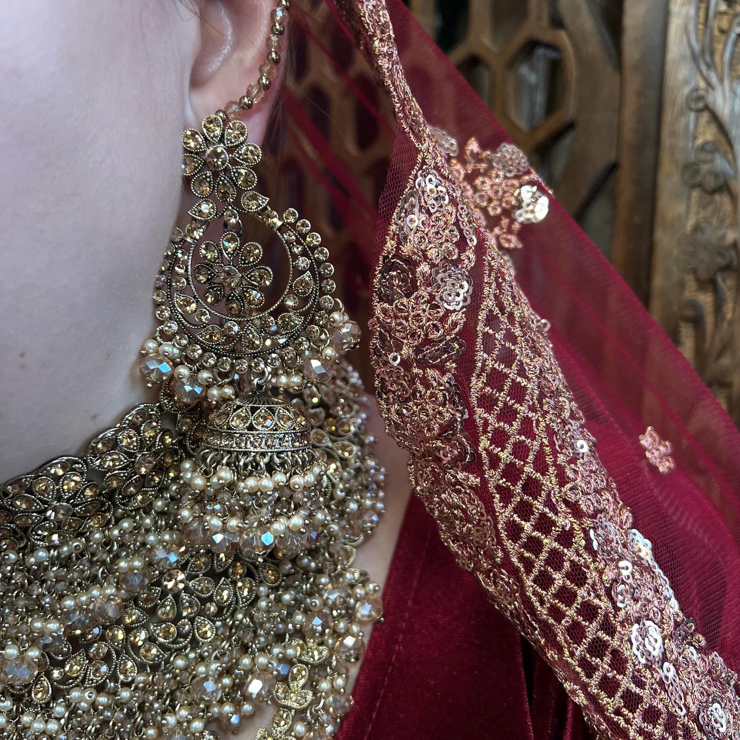 Antique Gold and Champagne Full Bridal set Indian/ Pakistani Style/ Wedding/ Fashion Jewellery/ Necklace set