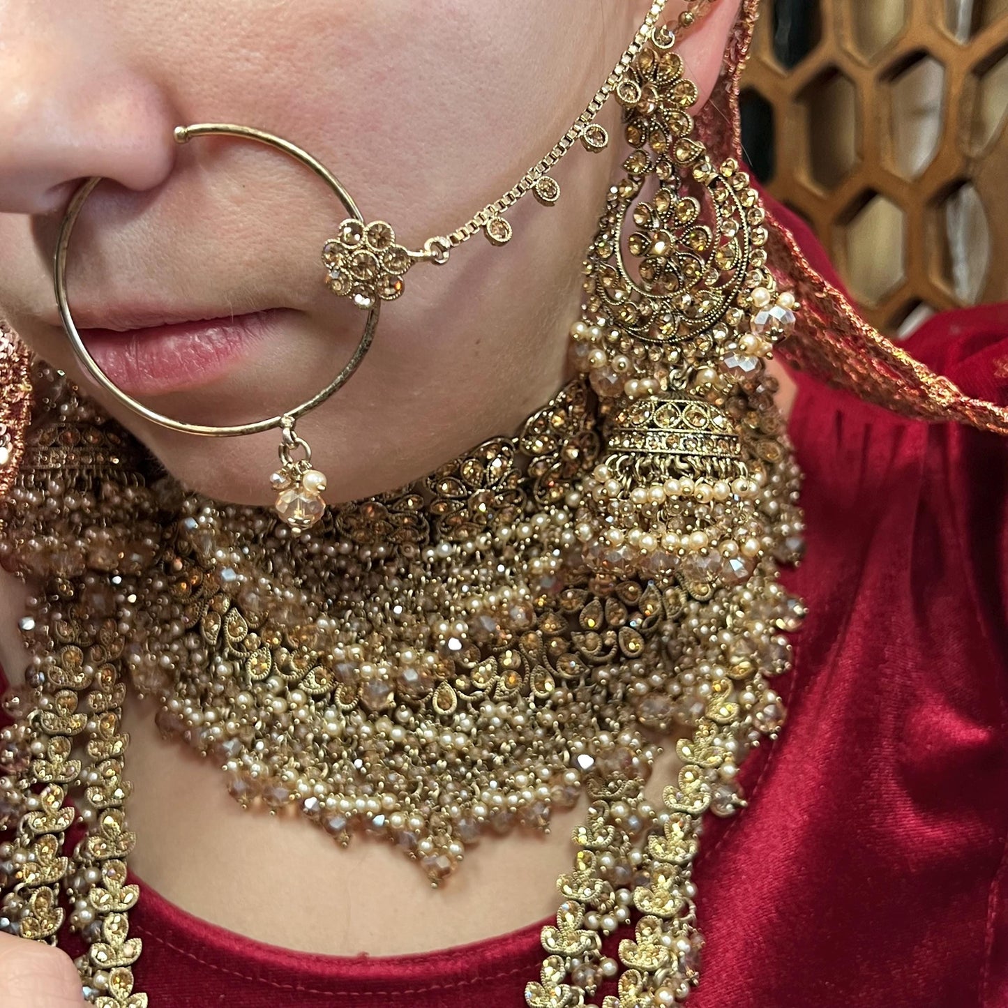 Antique Gold and Champagne Full Bridal set Indian/ Pakistani Style/ Wedding/ Fashion Jewellery/ Necklace set