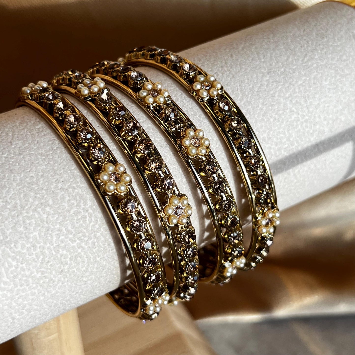 Pearl Flower Gold Bangles set of 4 Antique Gold and Golden Stone Bangles Bollywood Indian Pakistani Jewelley Fashion Bracelet gift 2.6