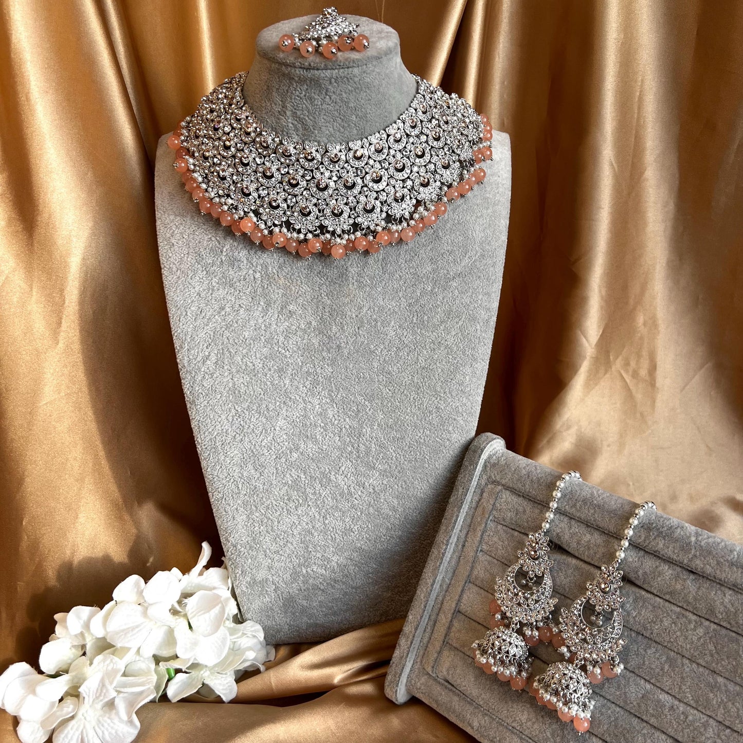 Peach Silver Bridal Set - Indian Pakistani Traditional Style With Jhumka earring,Tikka Wedding Fashion Jewellery Necklace set 3 Piece