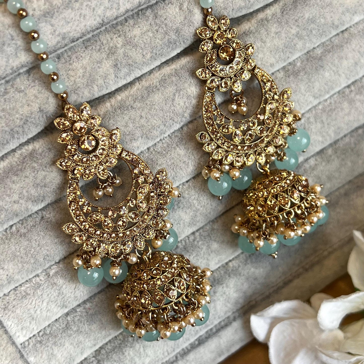 Blue Antique Gold Bridal Set - Indian Pakistani Traditional Style With Jhumka earring,Tikka Wedding Fashion Jewellery Necklace set 3 Piece