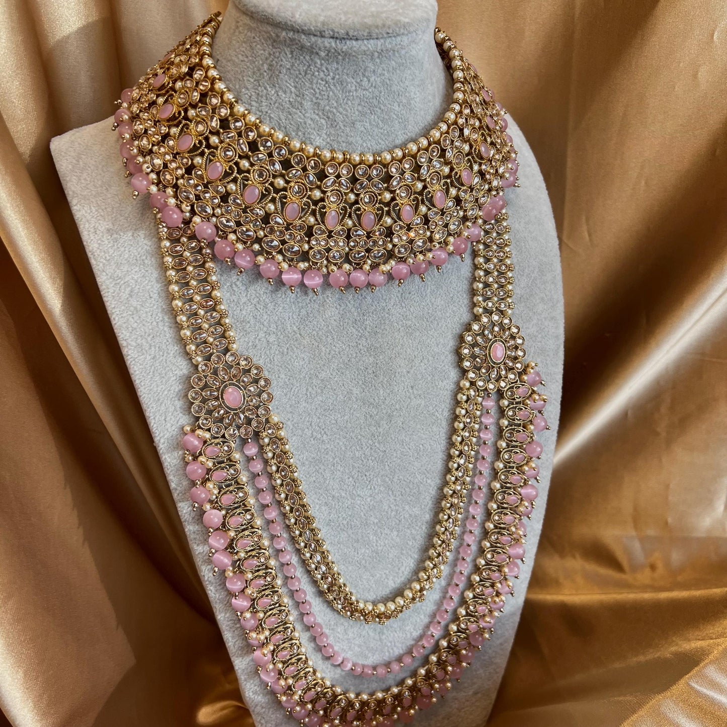Pink Gold Full 10 Piece Bridal Necklace Choker Mala Earring Tikka Jhumar Mathapatti Set Traditional Indian Pakistani Style Wedding Jewellery