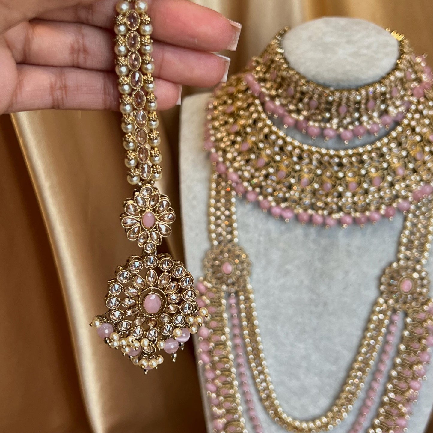 Pink Gold Full 10 Piece Bridal Necklace Choker Mala Earring Tikka Jhumar Mathapatti Set Traditional Indian Pakistani Style Wedding Jewellery