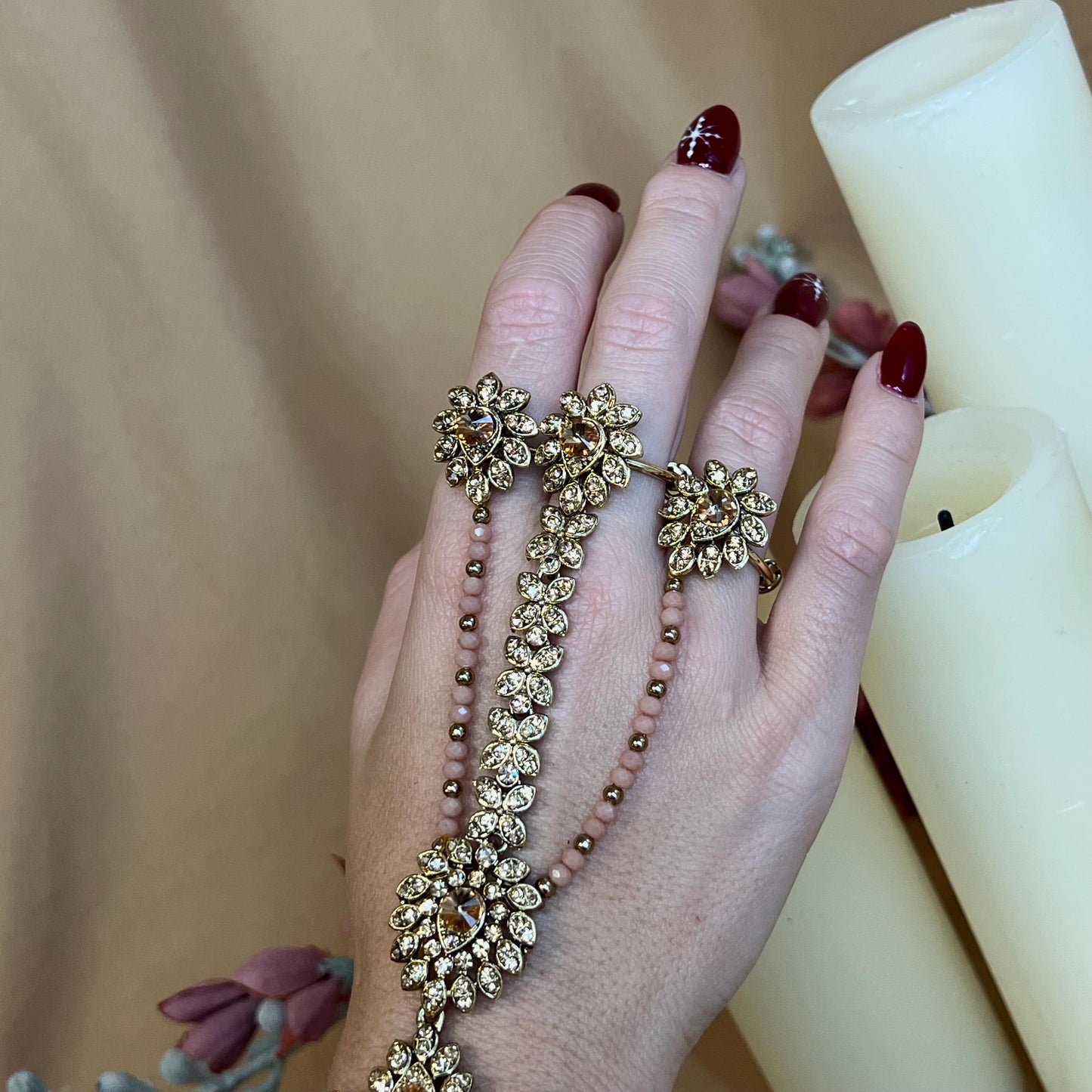 3 Ring Antique Gold Peach Hand Harness - Peach Hathpool / Fashion Jewellery/Indian/Pakistani style /Haathphool/Hand Accessory