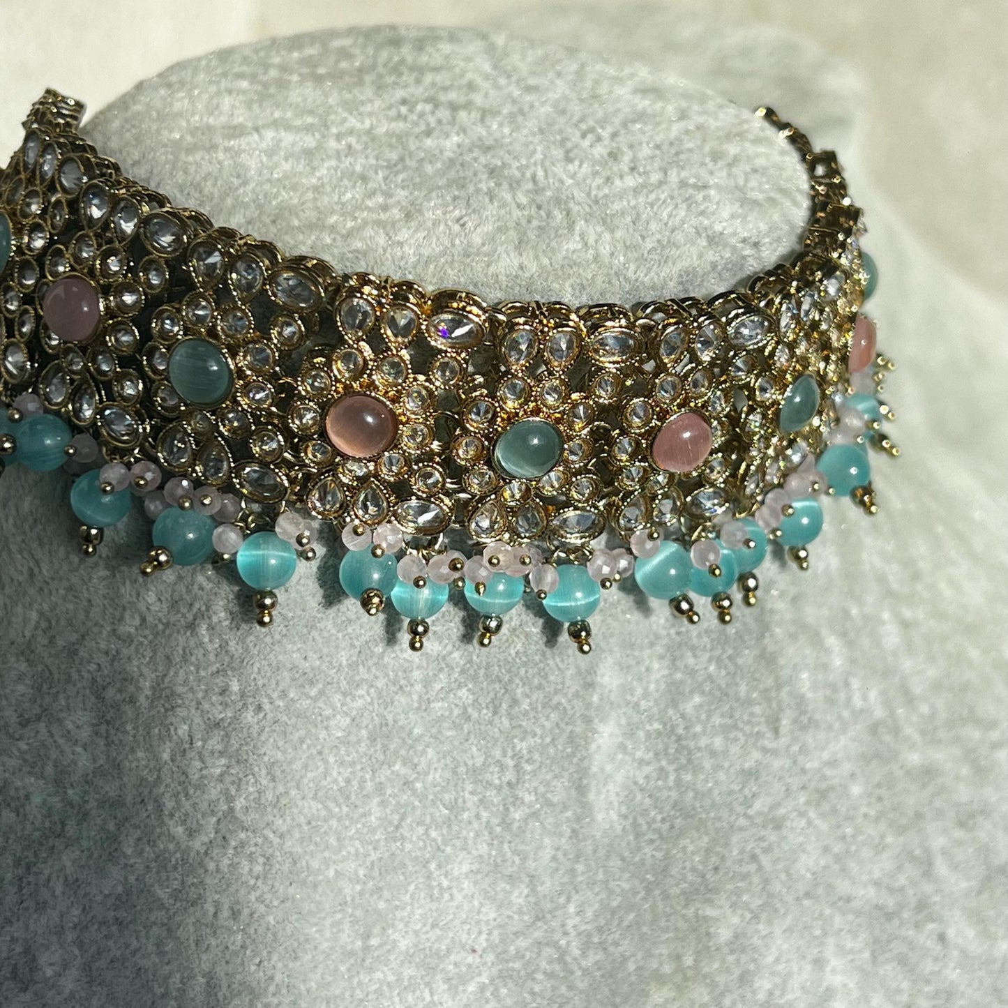 Pink Blue Antique Gold Champagne Zircon Crystal Choker Only Pastel Indian Pakistani Bollywood Fashion Jewellery Gift Sale High Quality