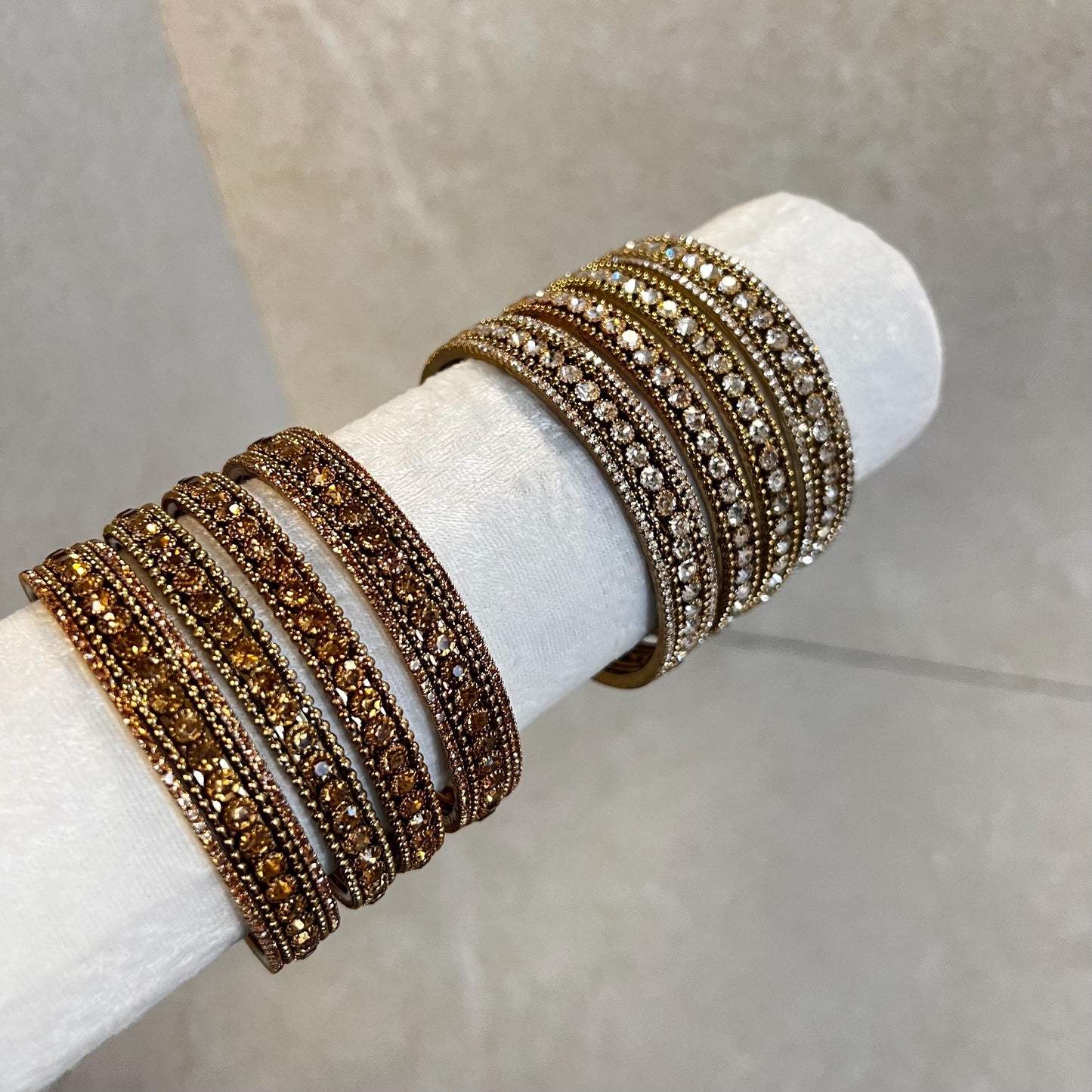2.6 Set of 4 Bangles in Antique Gold with Golden/ Clear Rhinestone/2 chunky 2 thin bangles. Choose Colour/ Simple Statement Bangles Ends
