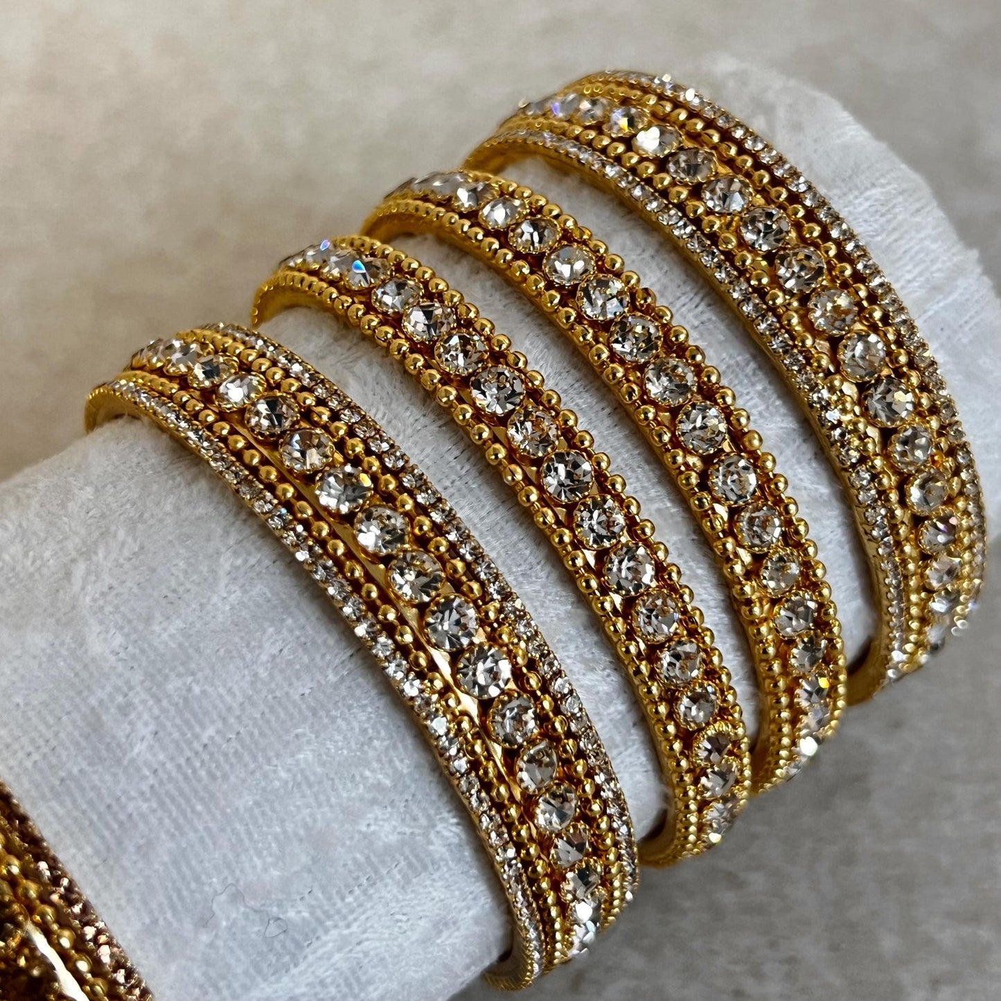 2.4 Set of 4 Bangles in Antique Gold with Golden/ Clear Rhinestone/2 chunky 2 thin bangles. Choose Colour/ Simple Statement Bangles Ends