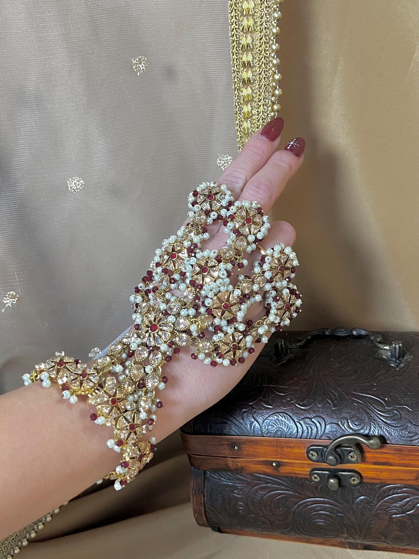 Maroon/Goldplated 5 Ring Hand Harness/ Hathpool/Fashion Jewellery/Gold Hathpool/Indian/Pakistani style /Haathphool/Hand Accessory