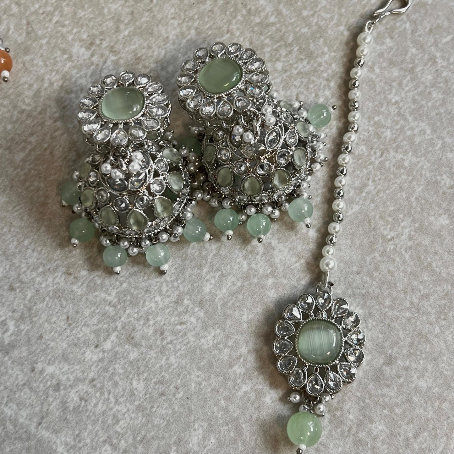 Small Silver Jhumka Earring Tikka 2 inch Zircon Crystal Indian Pakistani Bollywood Fashion Jewellery Gift High Quality Eid Wedding Party Set