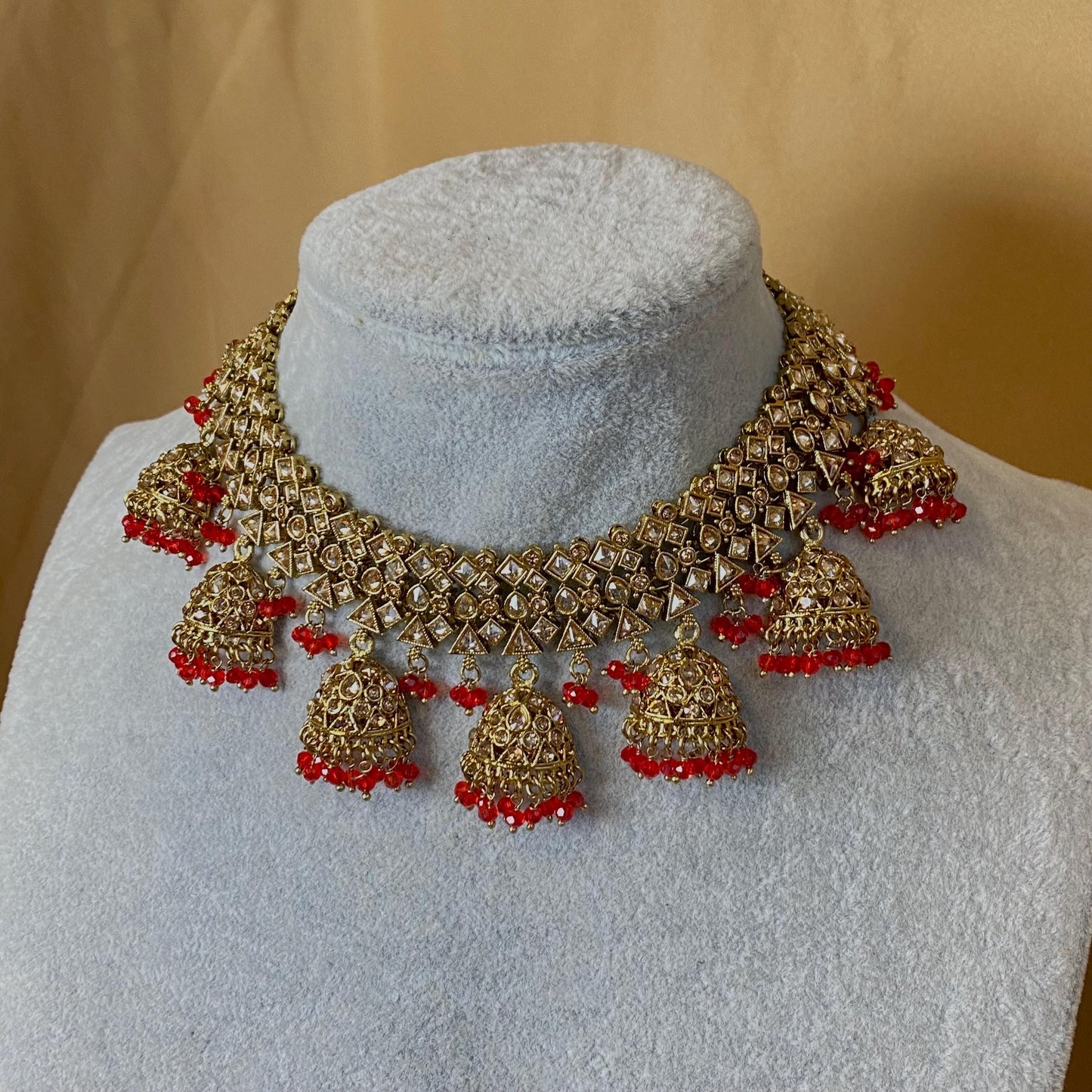 Red & Champagne Indian Jhumka Style Necklace/ Red Necklaces/ Indian Red Jhumka Necklaces/Pakistani Jewellery/Fashion Jewellery