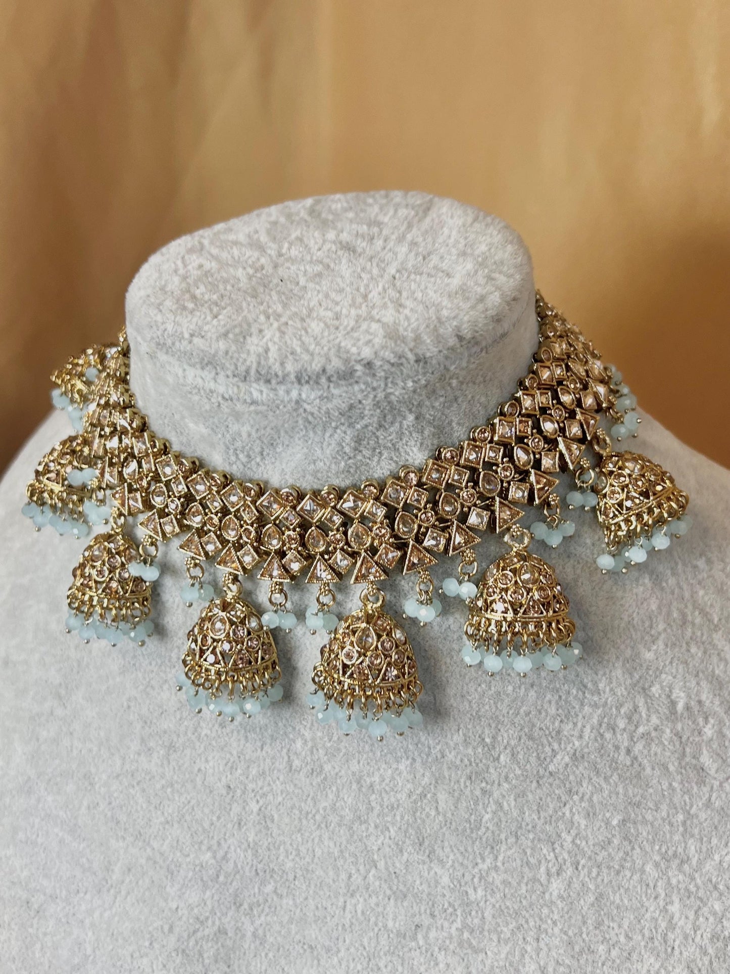 Antique Gold & Light Blue Indian Jhumka Style Set