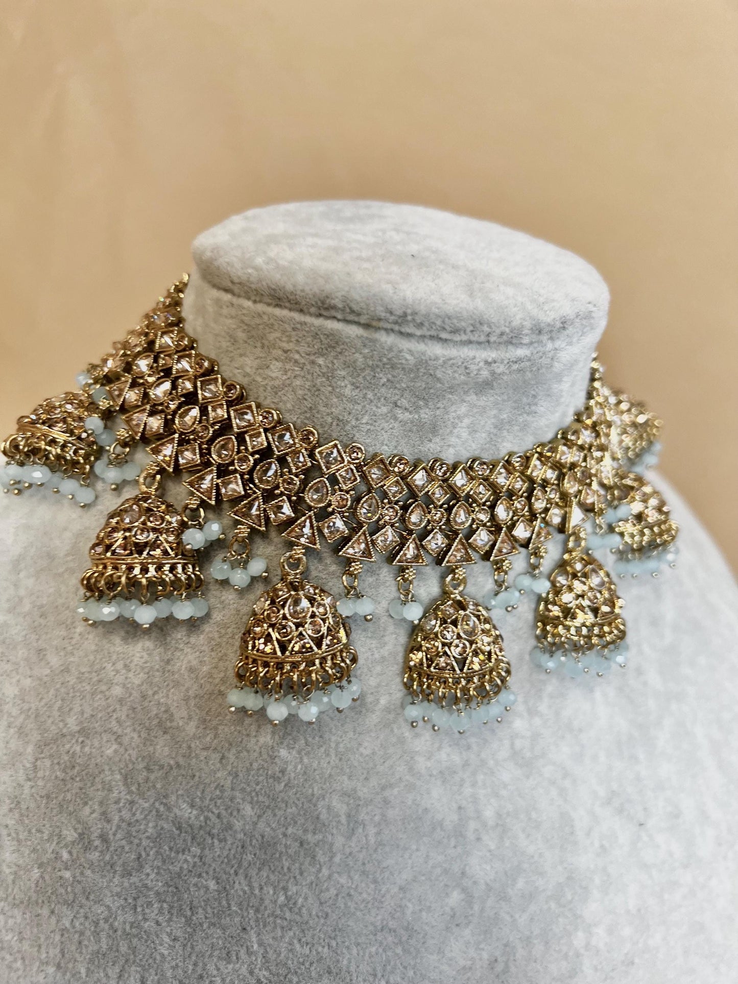 Antique Gold & Light Blue Indian Jhumka Style Set