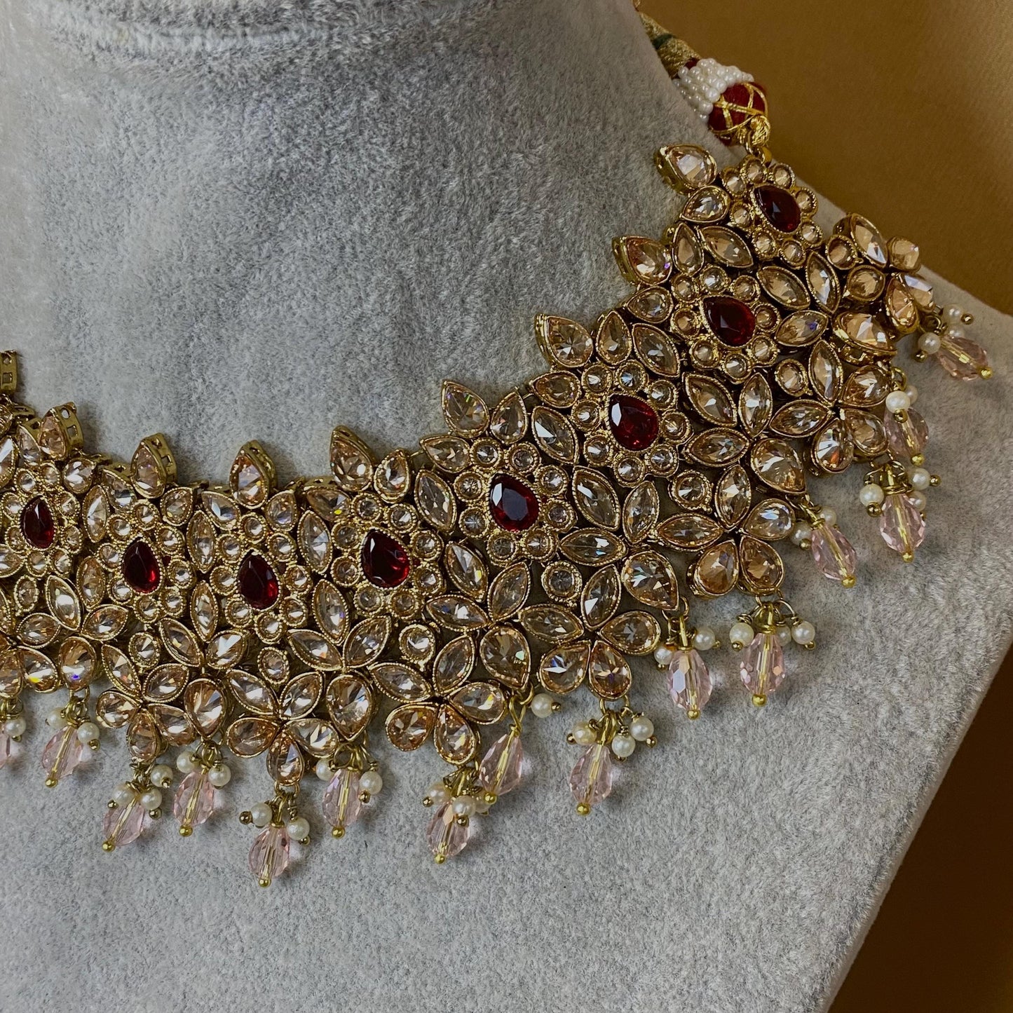 Maroon Bridal Choker Necklace set with Earring, Tikka and Jhumar Indian/ Pakistani Style/ Wedding/ Antique Gold/ Champagne Crystals