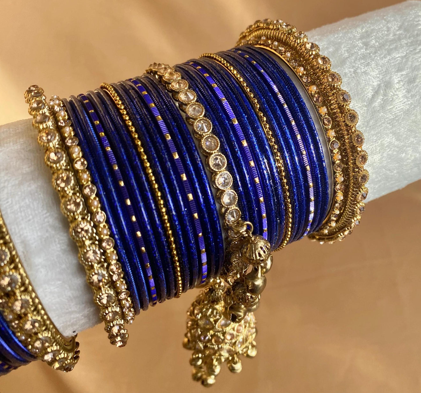 Midi Navy Jhumka Bangle Set - Both Arms 2.6/ Bridal Green Bangle Set/ Antique Gold Kada & Jhumka Bangle Set/Bridal Jewellery