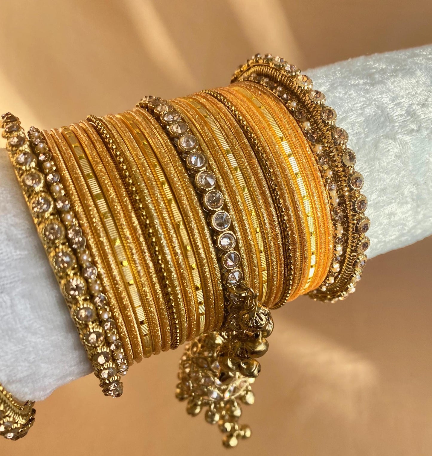 Midi Golden Jhumka Bangle Set - Both Arms 2.6/ Bridal Green Bangle Set/ Antique Gold Kada & Jhumka Bangle Set/Bridal Jewellery