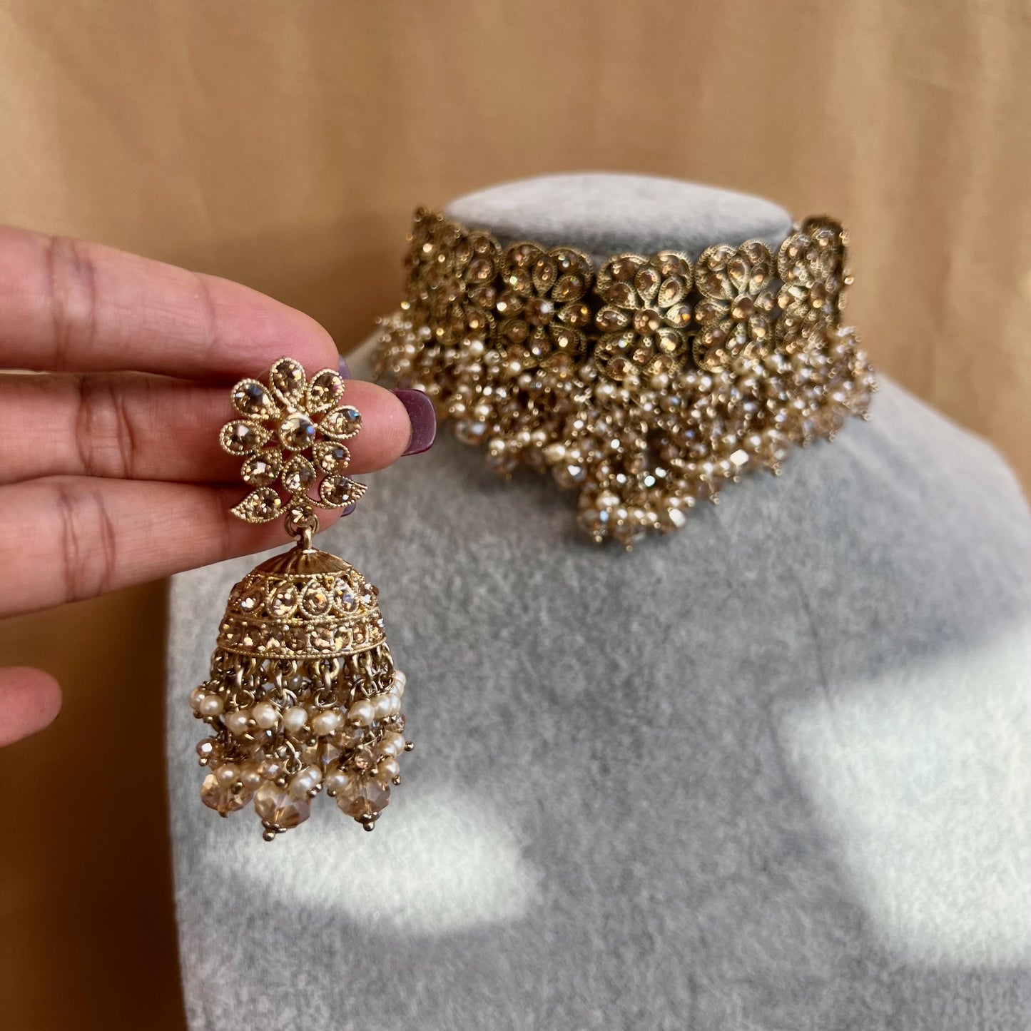 Golden Indian Choker Set/Golden Chokers/Gold Jhumkas/ Chamapagne Choker Set/ Pakistani/Fashion Jewellery/ Gift for Women