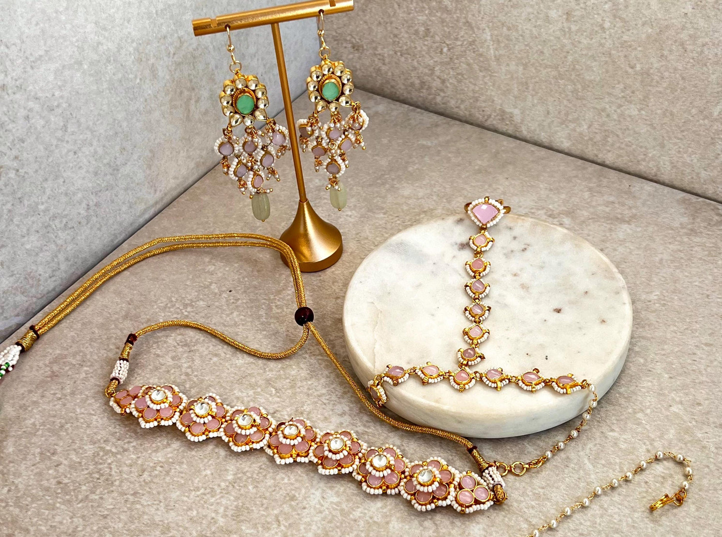 Pink Mint Real Kundan Choker Earring Hand Harness Set Indian Pakistani Bollywood Fashion Jewellery Gift High Quality Unique Style