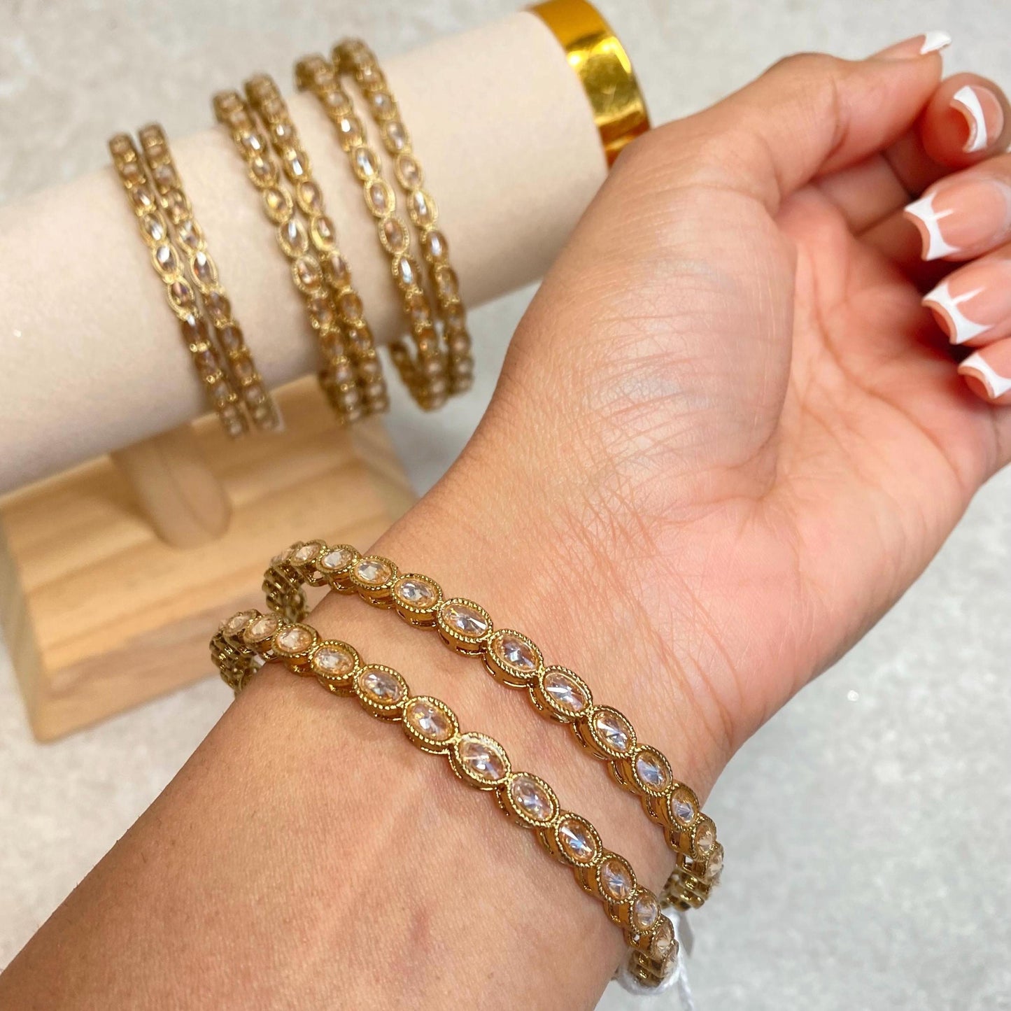 Antique Gold Champagne Zircon Crystal High Quality Set of 2 Thin Bangle Bracelets Indian Pakistani Bollywood Fashion Jewellery Gift for Her