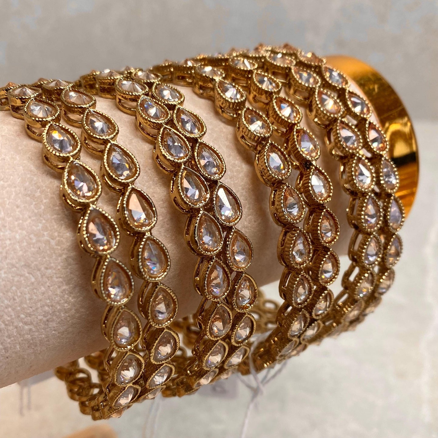 Antique Gold Champagne Zircon Crystal High Quality Set of 2 Tear Drop Bangle Bracelets Indian Pakistani Bollywood Fashion Jewellery Gift
