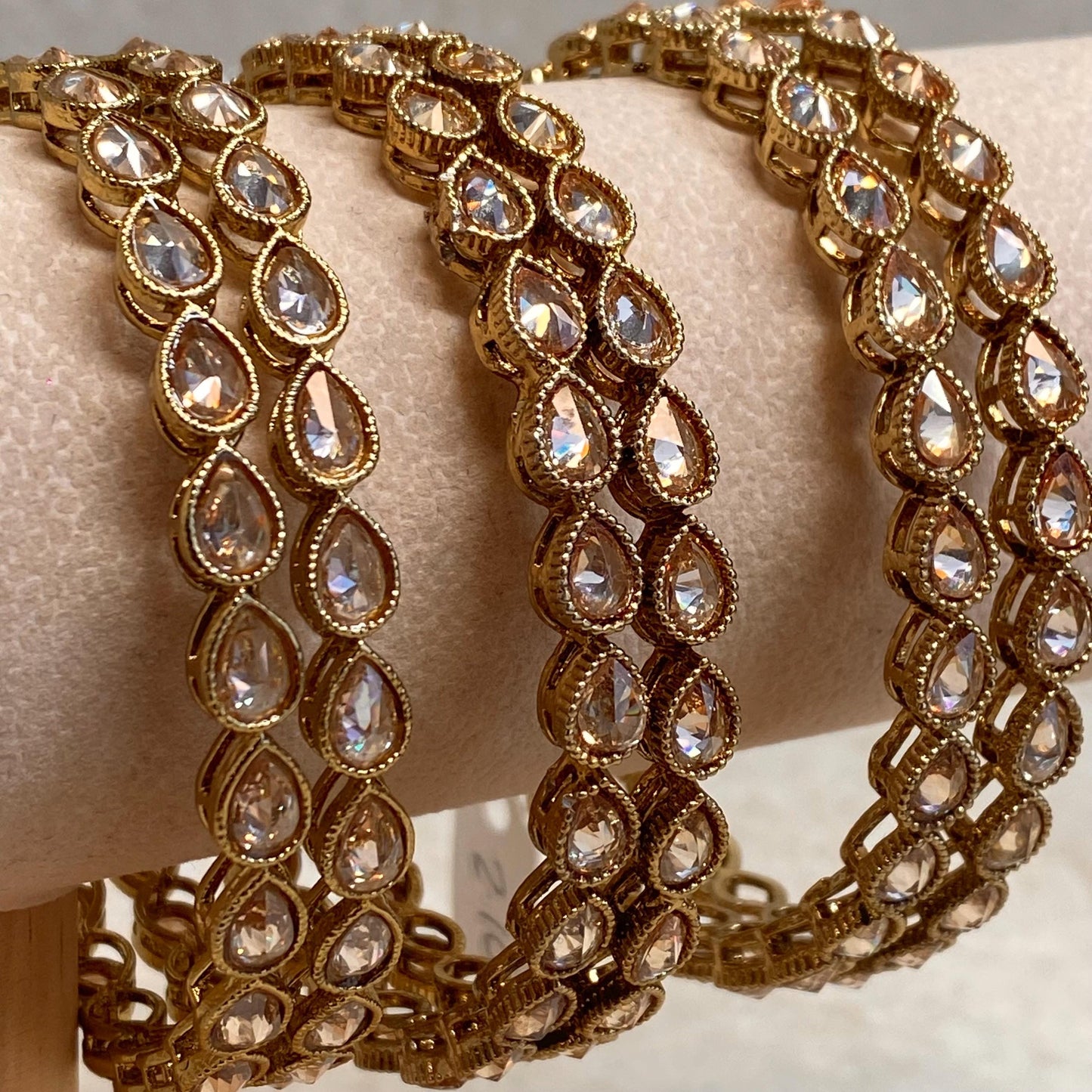 Antique Gold Champagne Zircon Crystal High Quality Set of 2 Tear Drop Bangle Bracelets Indian Pakistani Bollywood Fashion Jewellery Gift