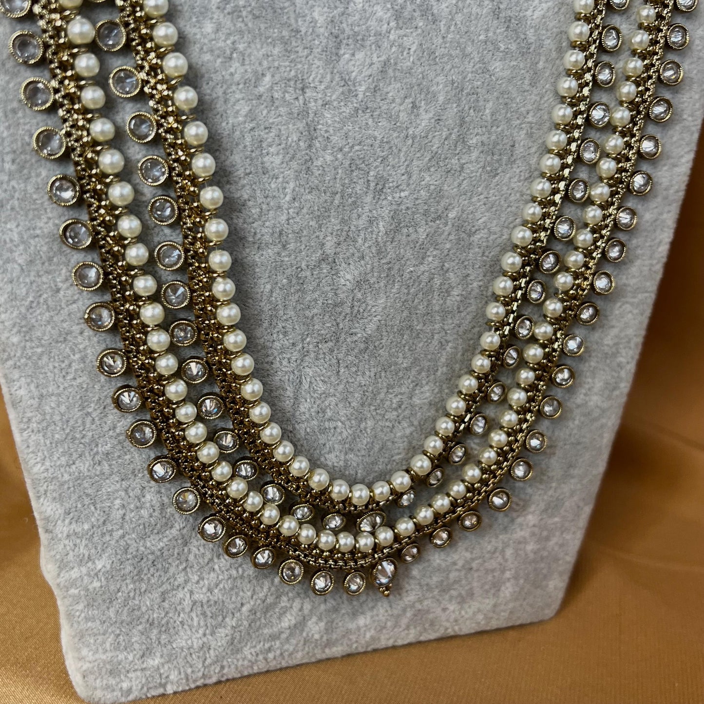 Clear & Pearl Antique Gold Indian Long Haar/ Long Mala/Clear Mala/Pakistani/ Indian Fashion Set