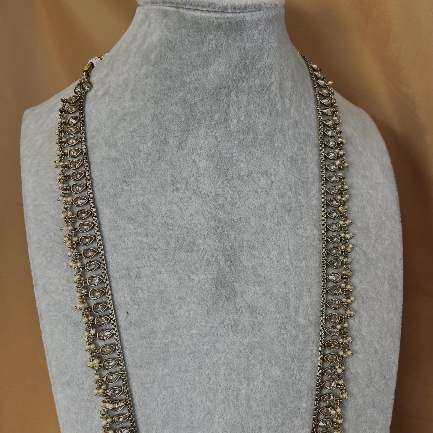 Champagne/ Pearl-Long Necklace and Earring set/Antique Gold with Zircon Crystal and Stud earring. No Tikka/ Pakistani/ Indian Fashion Set