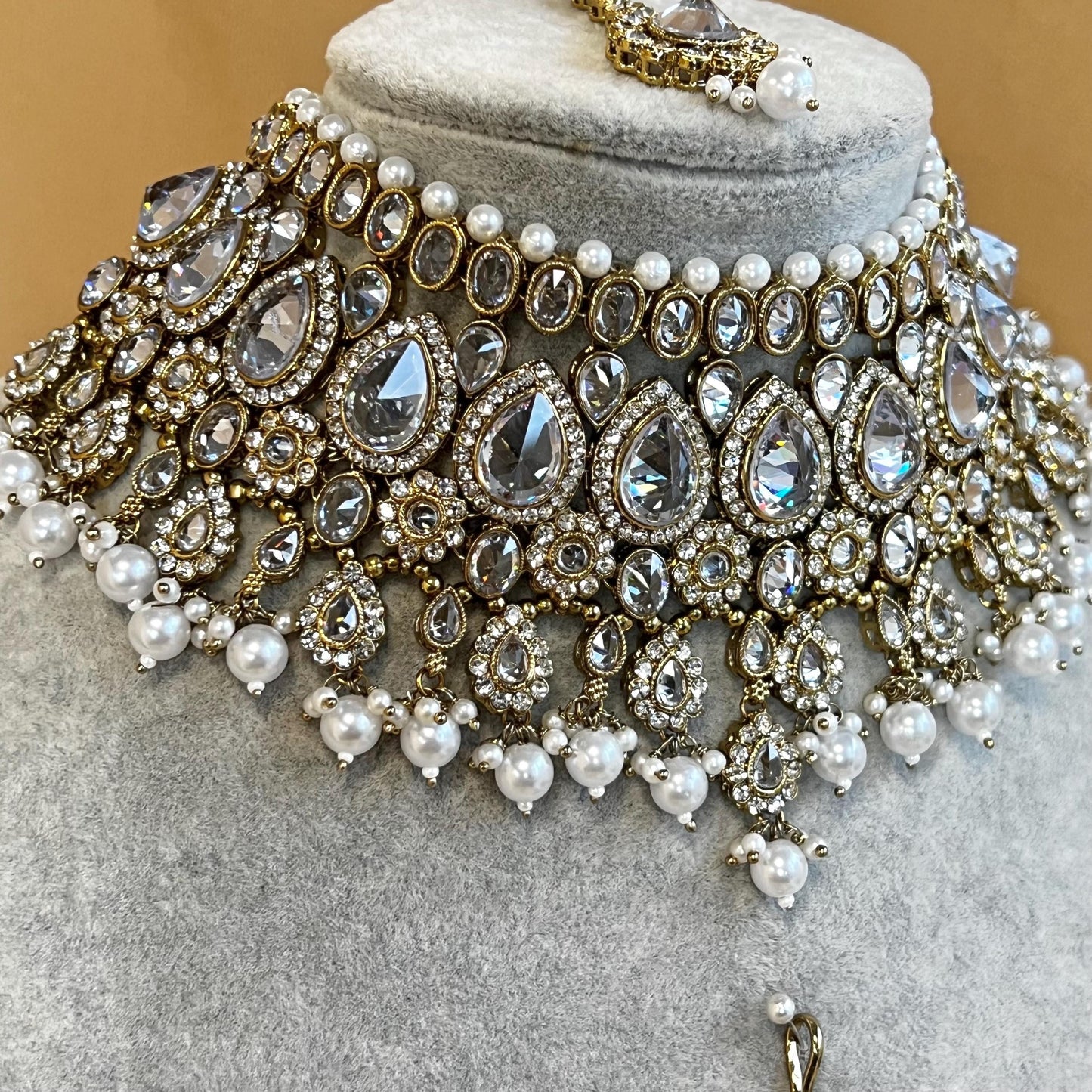 Bridal Clear Necklace Jhumar & Tikka - Antique Gold Base Clear Stonework/ White Bead Jewellery