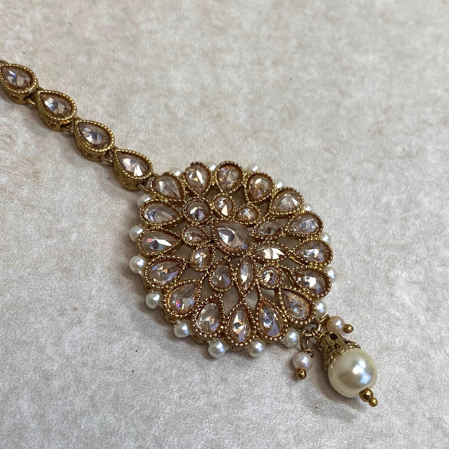 Antique Gold Champagne Zircon Crystal Pearl Maang Tikka Bindya Medium Size Indian Pakistani Bollywood Headpiece Fashion Jewellery Gift