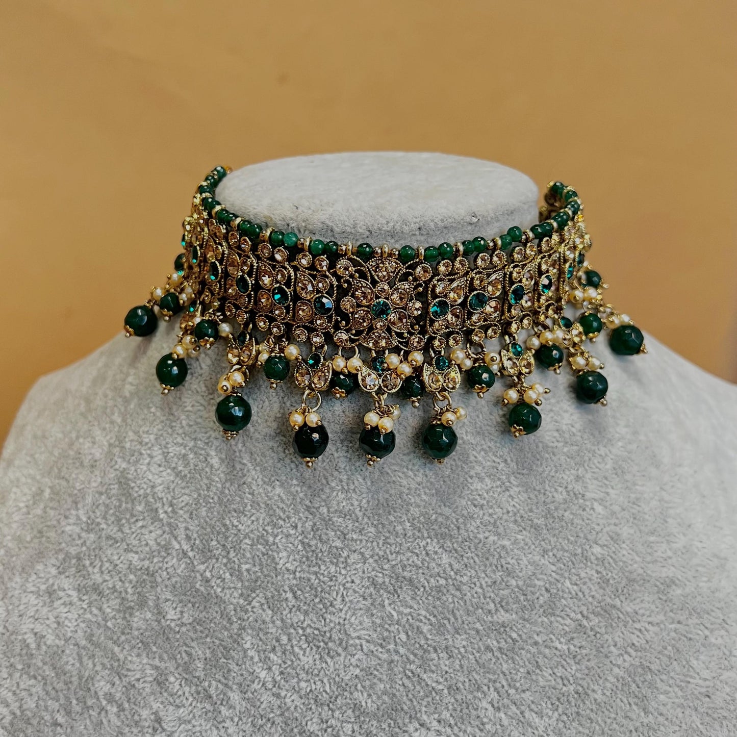 Green Choker Necklace Bridal Set ,Antique gold with Champagne Crystals- Indian/ Pakistani Style/Bridal set/Wedding/Jhumka Earring Tikka