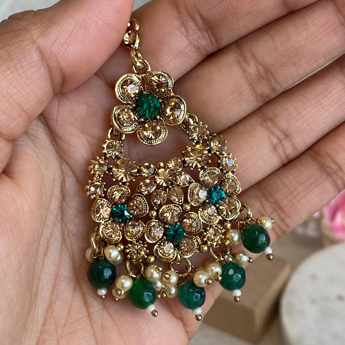Green Large Antique Gold Golden Rhinestone Jhumka Earring Indian Pakistani Bollywood Fashion Jewellery High Quality Gift for Her Add Tikka