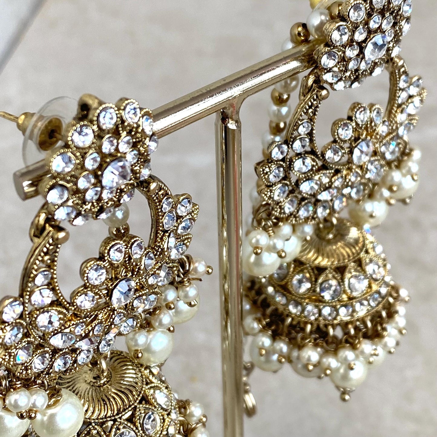Antique Gold Clear Rhinestone Large Jhumka Earring with Chain and Tikka Bollywood Indian Pakistani Fashion Jewellery Gift Wedding Bridal