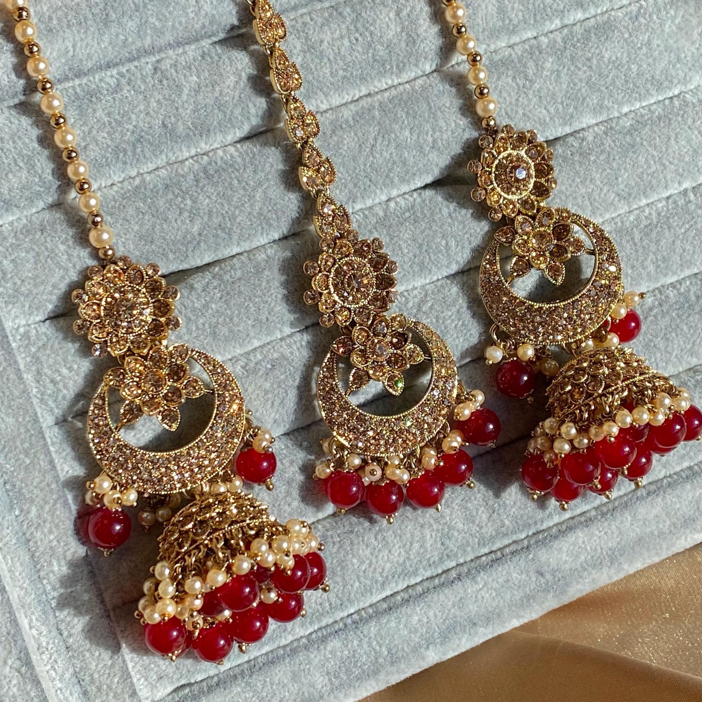 Maroon Antique Gold Rhinestone Bridal Necklace Set Jhumka Chain Earring Tikka Bollywood Indian Pakistani Fashion Jewellery High Quality SALE