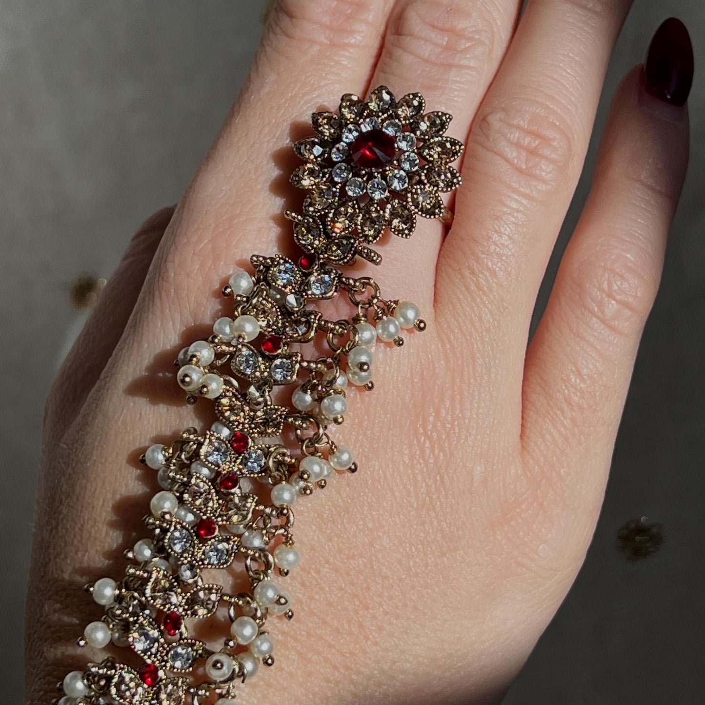 Antique Gold Red & Clear Hand Harness - Single Piece/ Fashion Jewellery/ Gift for Women/Indian/Pakistani style /Haathphool/Hand Accessory