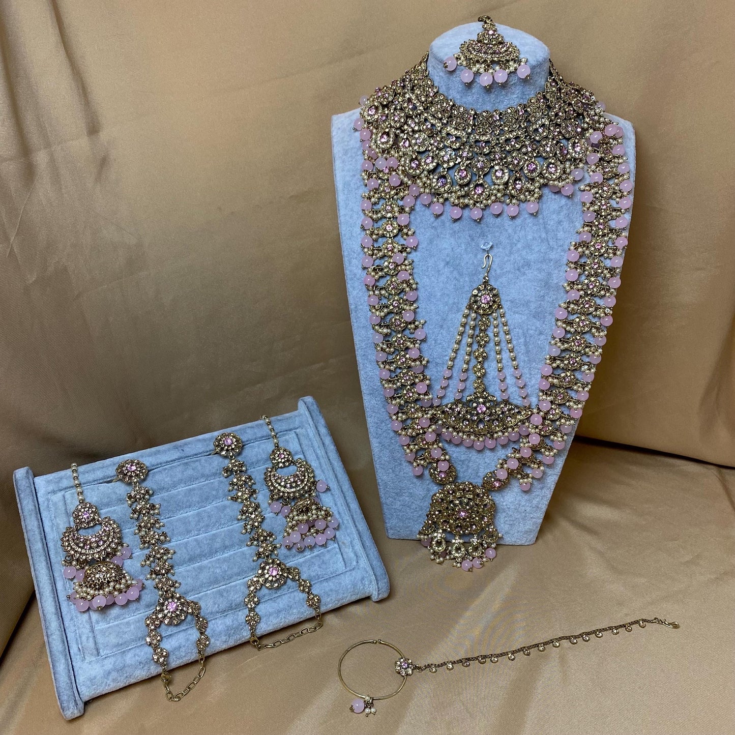 5pcs Indian Pink Bridal Choker Set w/Pink Stones (Necklace, Jhoomar, Hand Harness, Nose Pin & Jhumka Earrings) Pakistani Wedding Jewellery