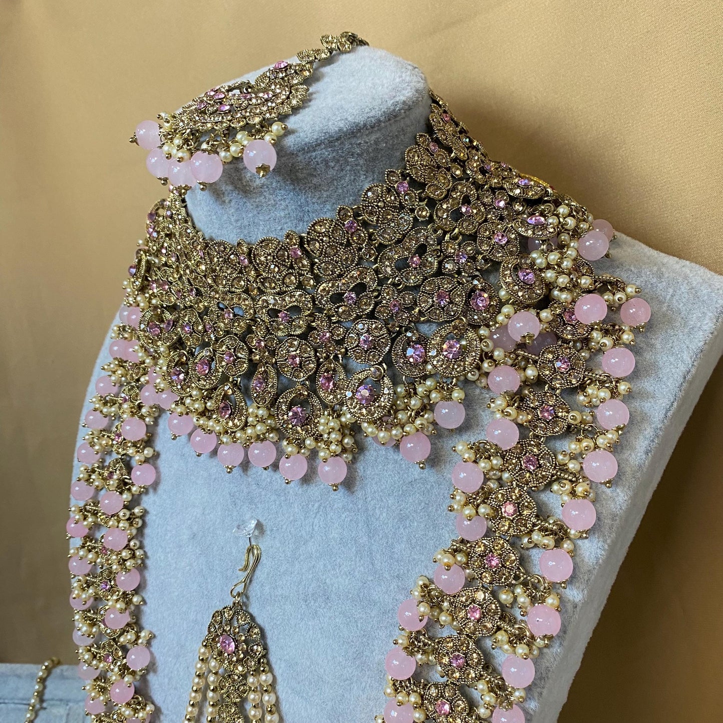 5pcs Indian Pink Bridal Choker Set w/Pink Stones (Necklace, Jhoomar, Hand Harness, Nose Pin & Jhumka Earrings) Pakistani Wedding Jewellery