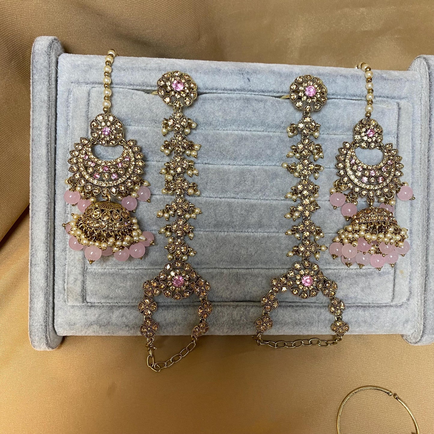 5pcs Indian Pink Bridal Choker Set w/Pink Stones (Necklace, Jhoomar, Hand Harness, Nose Pin & Jhumka Earrings) Pakistani Wedding Jewellery
