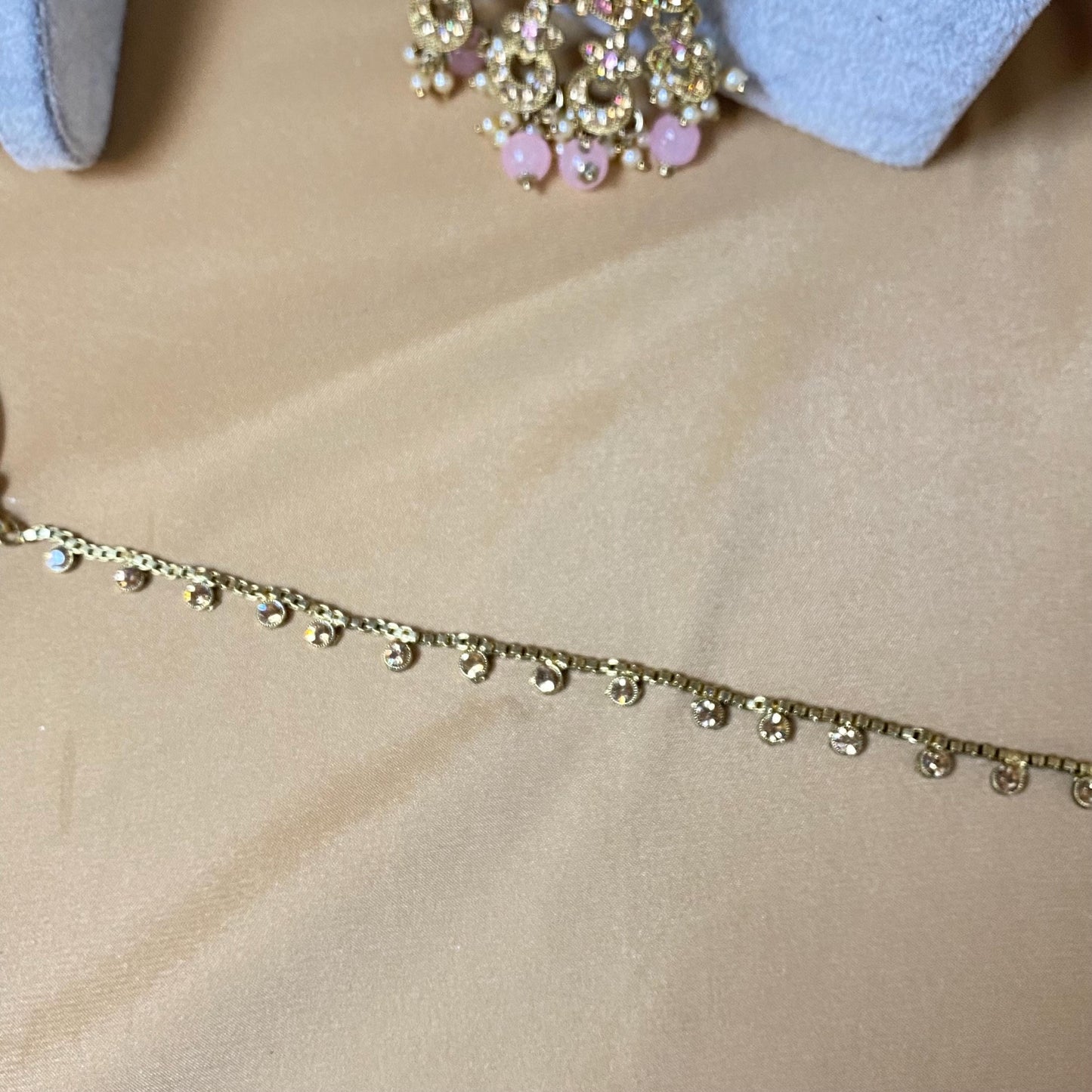 5pcs Indian Pink Bridal Choker Set w/Pink Stones (Necklace, Jhoomar, Hand Harness, Nose Pin & Jhumka Earrings) Pakistani Wedding Jewellery