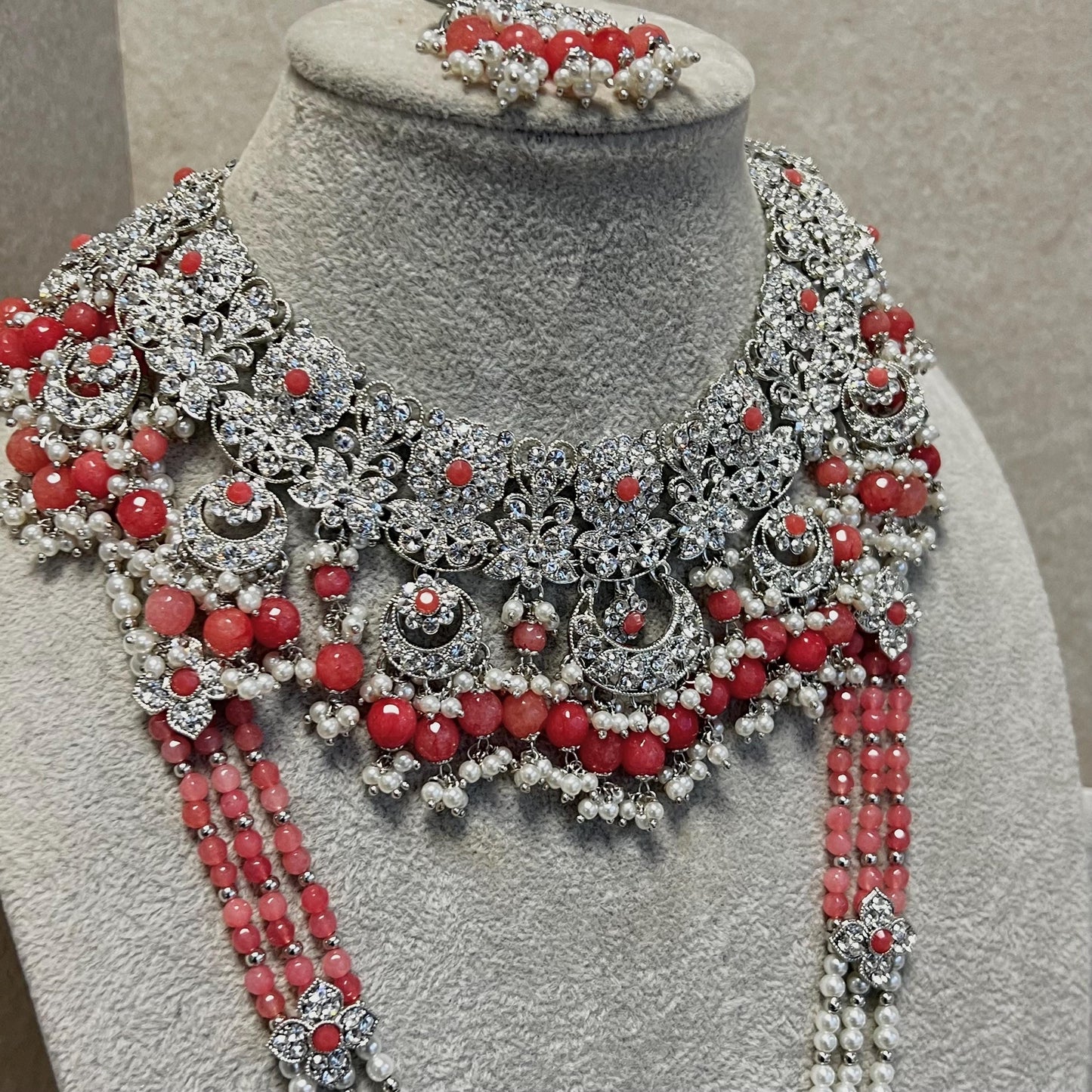 Silver Coral Bridal Necklace Set Indian/ Pakistani Style/ Wedding/ Fashion Jewellery/ Necklace set