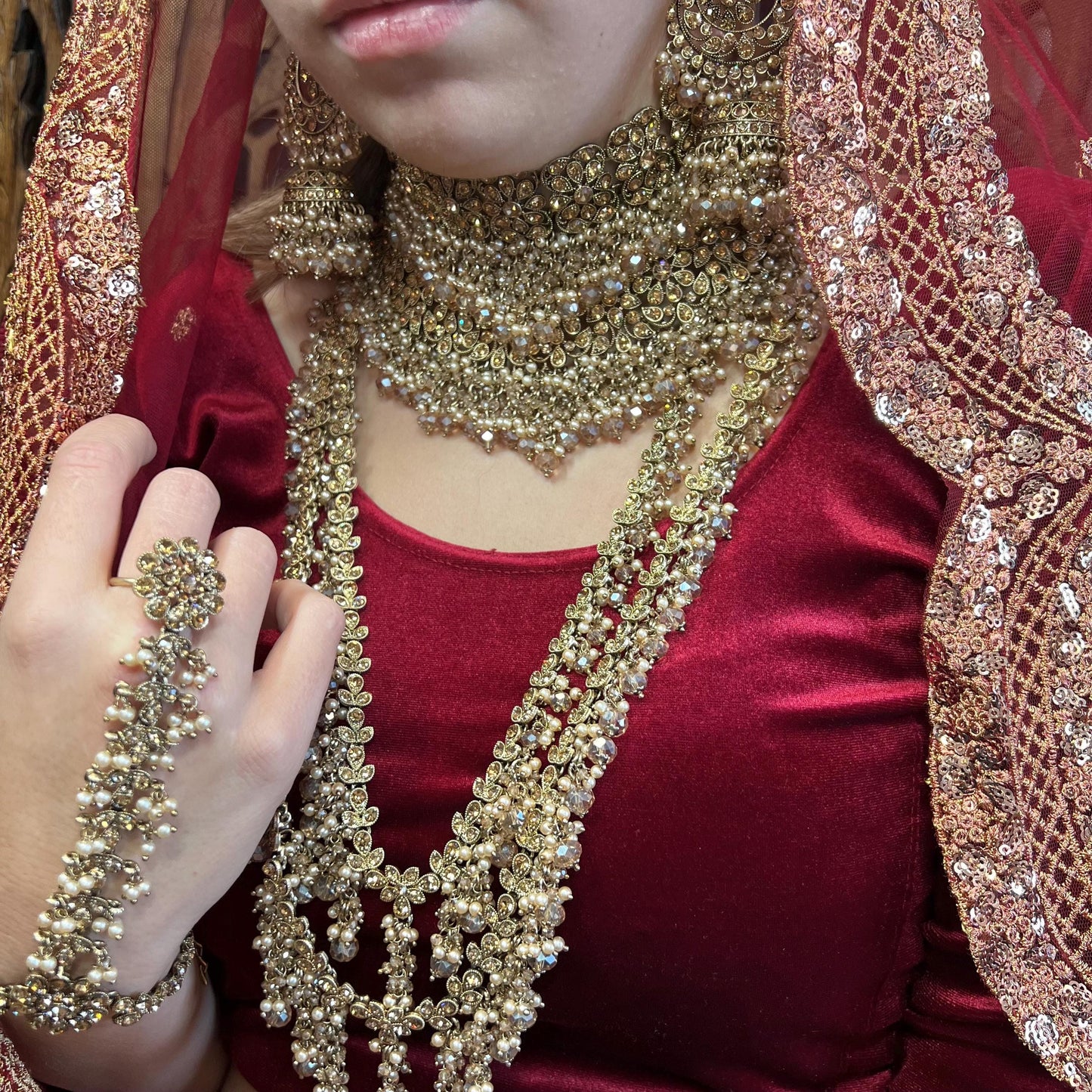 Antique Gold and Champagne Full Bridal set Indian/ Pakistani Style/ Wedding/ Fashion Jewellery/ Necklace set