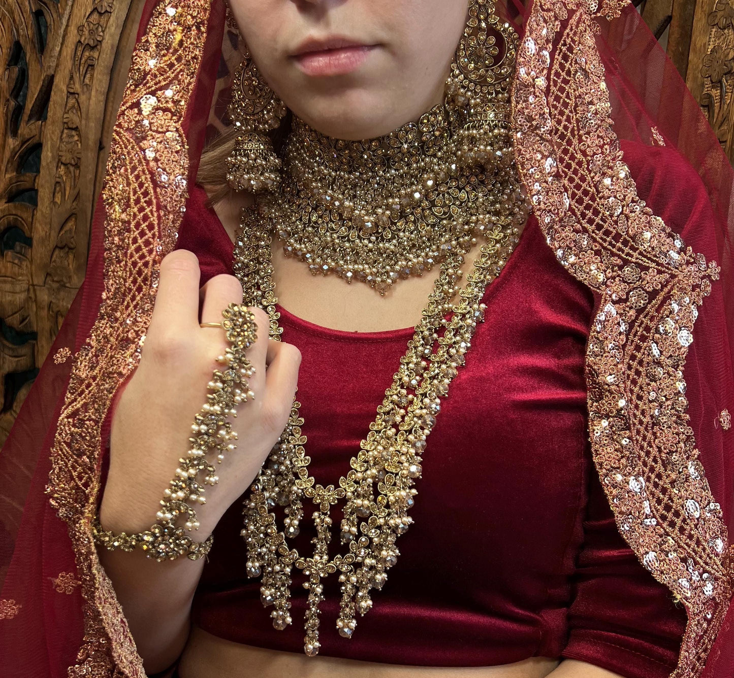 Antique Gold and Champagne Full Bridal set Indian/ Pakistani Style/ Wedding/ Fashion Jewellery/ Necklace set