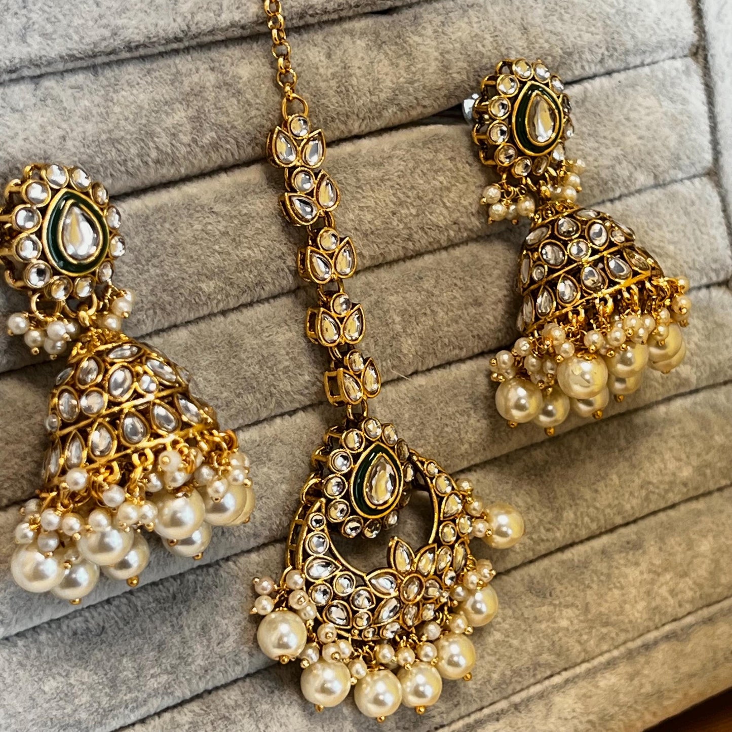 Green Large Faux Kundan Necklace Set Earring Tikka High Quality Bright Gold Emerald Green Indian Pakistani Bollywood Fashion Jewellery Gift