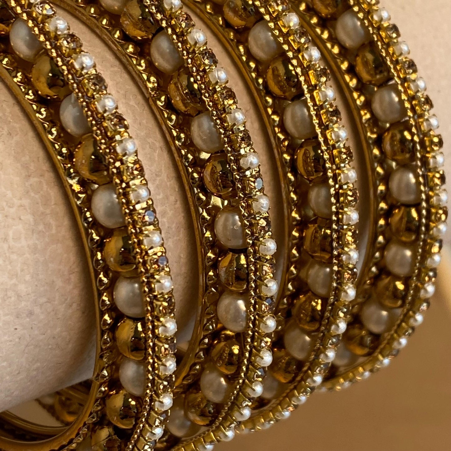 2.4 Set of 4 Bangles in Antique Gold with Golden Rhinestone Pearl High Edge. Statement End Bracelet Indian Style