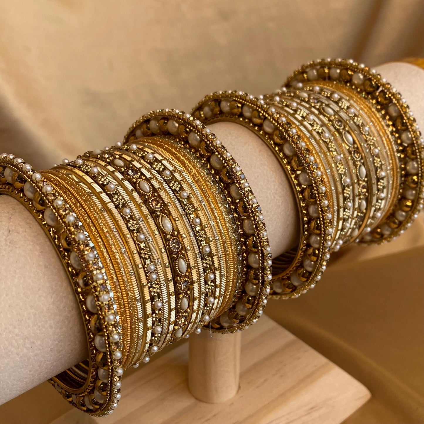 2.4 Bangles in Antique Gold Midi Set with Golden Rhinestone Pearl High Edge Statement End Bangle. Bollywood Bracelet Indian Style