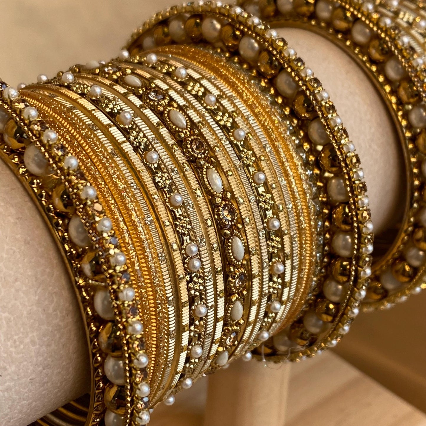 2.4 Bangles in Antique Gold Midi Set with Golden Rhinestone Pearl High Edge Statement End Bangle. Bollywood Bracelet Indian Style