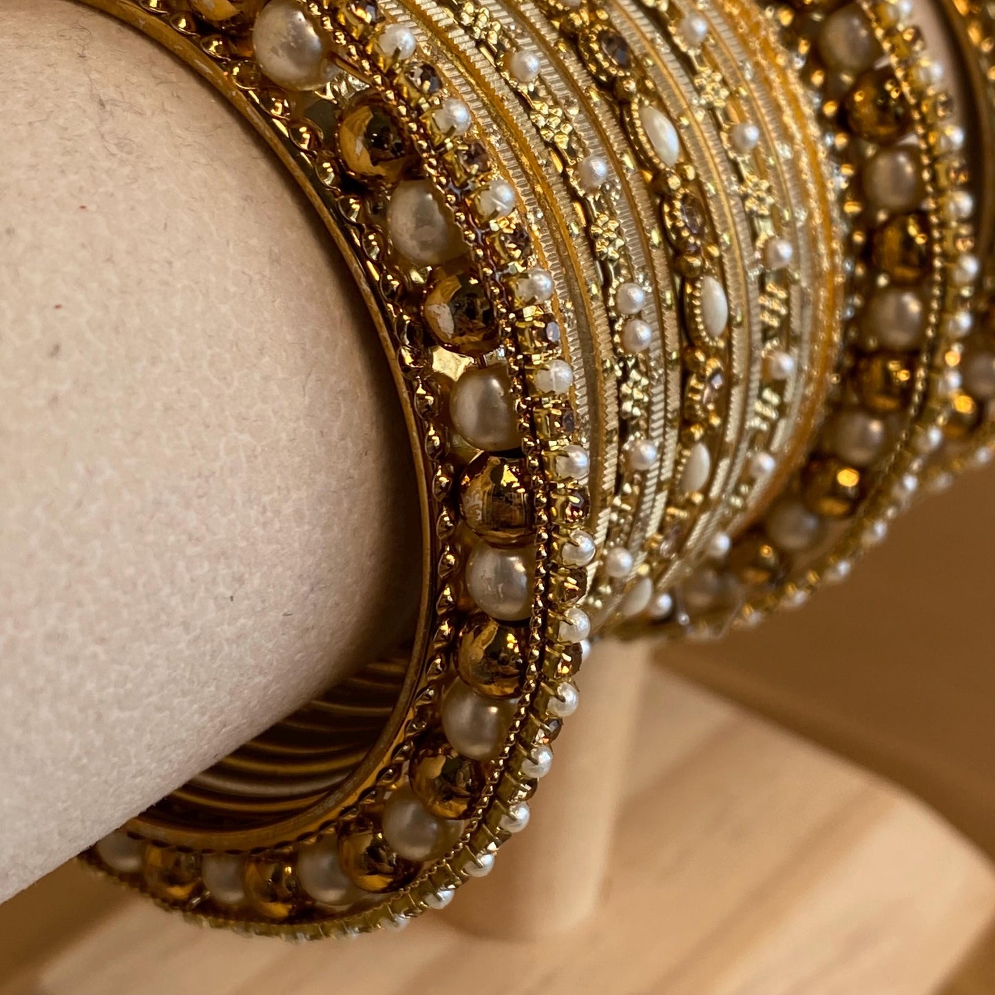 2.4 Bangles in Antique Gold Midi Set with Golden Rhinestone Pearl High Edge Statement End Bangle. Bollywood Bracelet Indian Style
