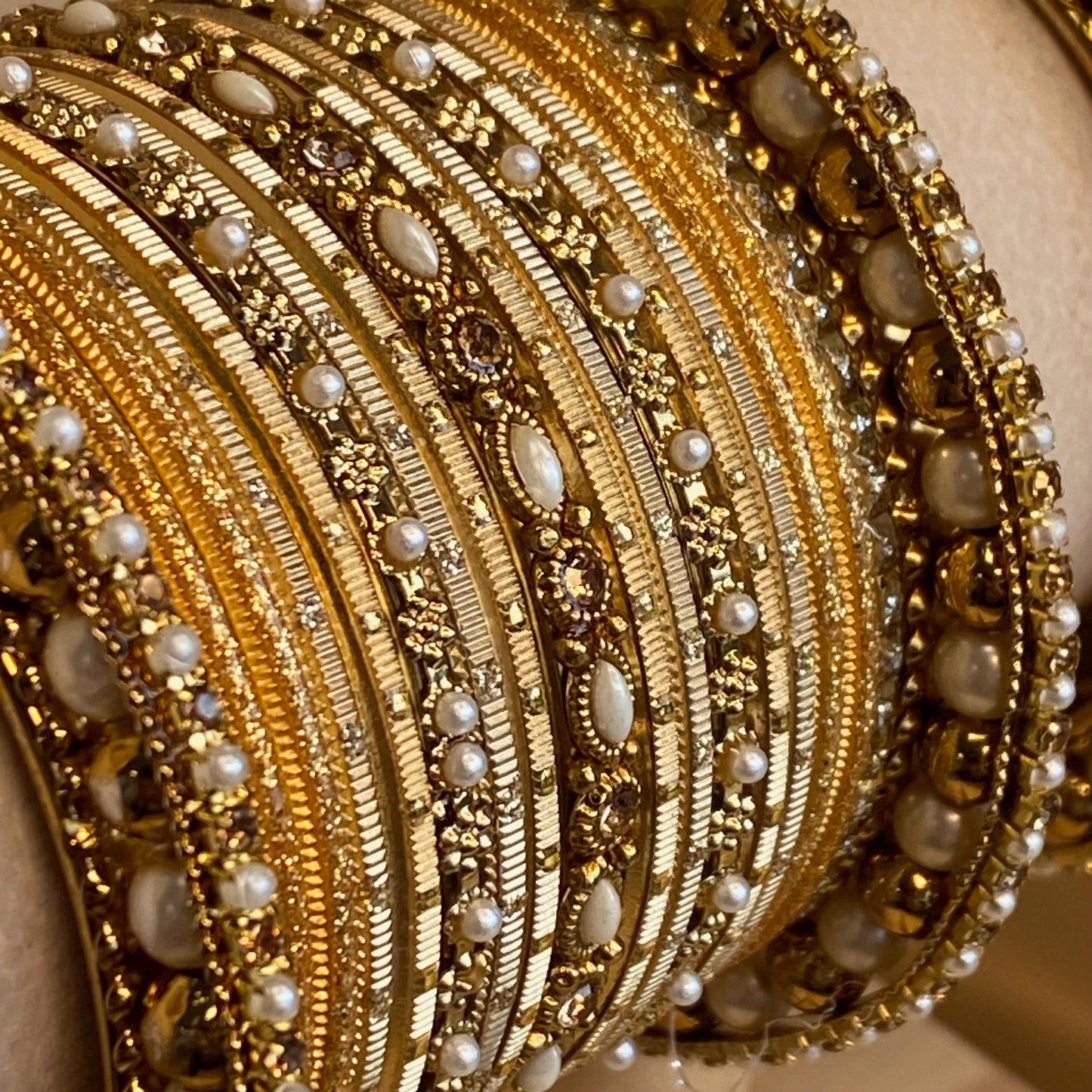 2.4 Bangles in Antique Gold Midi Set with Golden Rhinestone Pearl High Edge Statement End Bangle. Bollywood Bracelet Indian Style